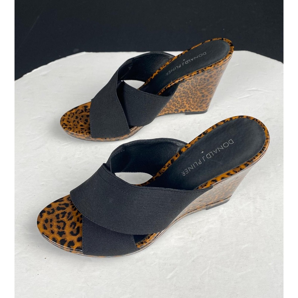 Donald Pliner Hedi Women's 8 M Black Brown Cross Strap Animal Print Wedge Sandal